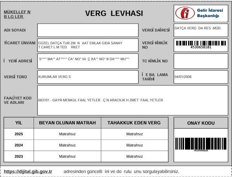 Güzel Datça Turizm - Vergi Levhası